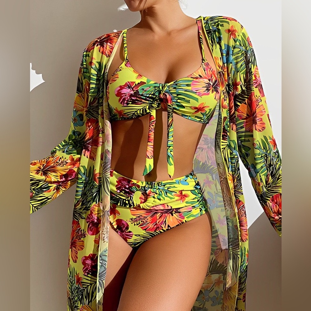 NWOT Floral Yellow Bikini and coverup set